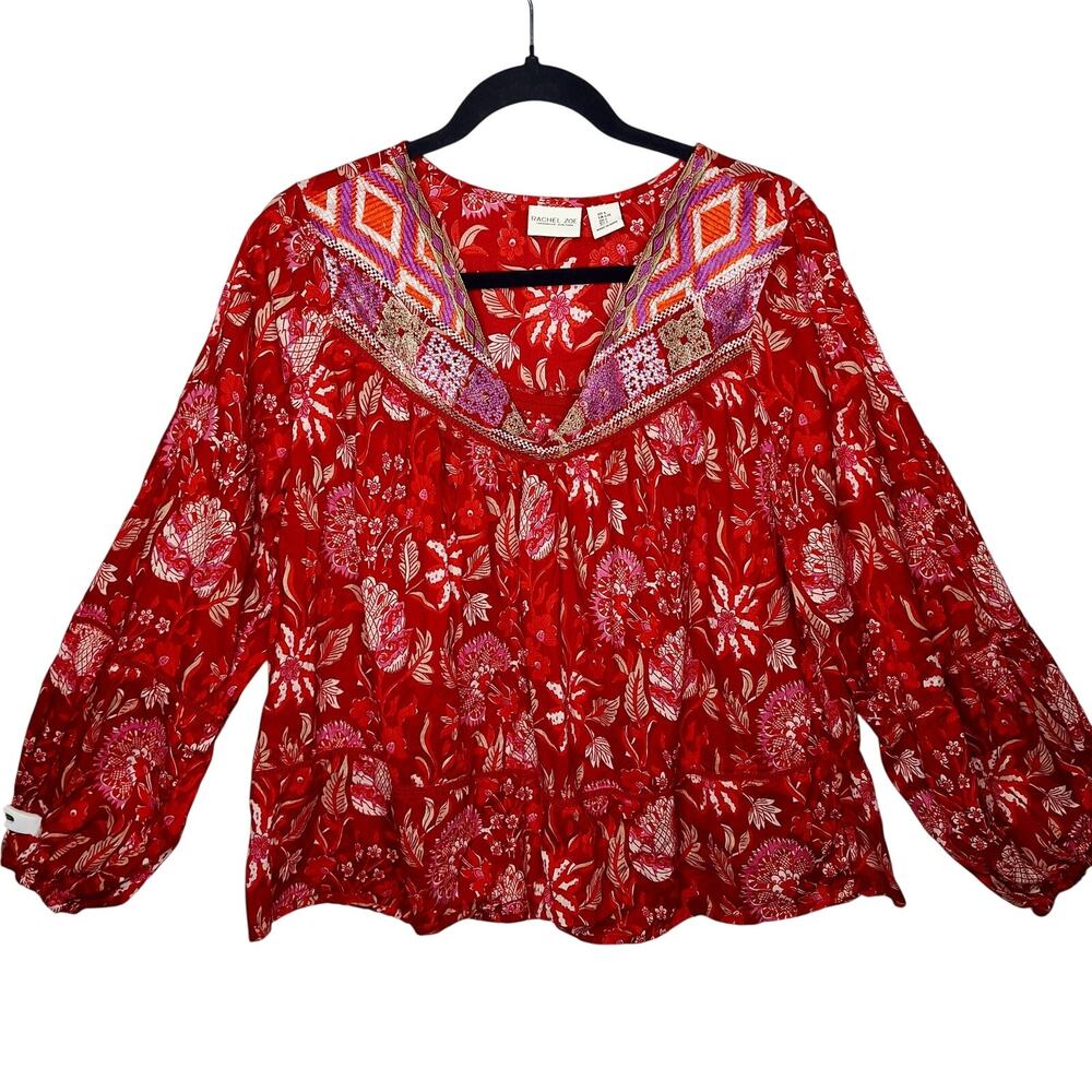 Rachel Zoe Boho Top Large Embroidered Floral Balloon Sleeve Cotton Cottage Flowy